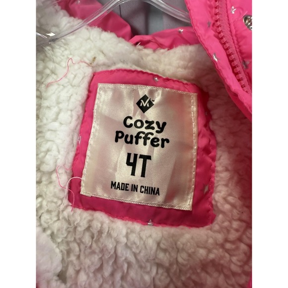 Girls Toddler Jacket 4T Pink Cozy Puffer Hooded Faux Fur Sherpa Lined Stars - Picture 3 of 6
